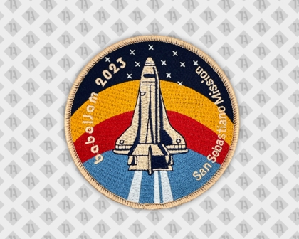 Runder Aufnäher Patch gestickt mit Kettelrand Rakete bunt Firmen