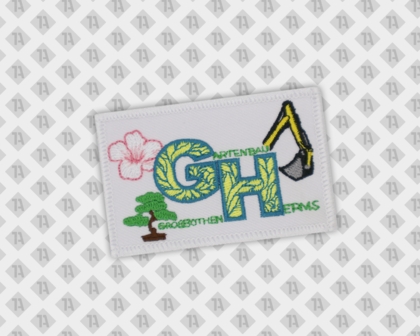 Eckiger gestickter Aufnäher Patch mit Kettelrand Gartenbau bunt Firmen
