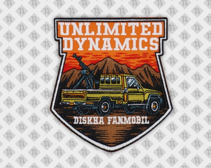 Konturgeschnittener Patch Aufnäher gestickt mit gesticktem Rand Unlimited Dynamics Truck Gun Firmen