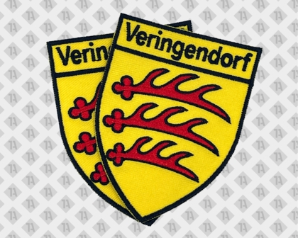 Wappen Patch Aufnäher gestickt im Konturschnitt mit gesticktem Rand gelb rot Veringendorf Karneval