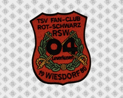 Roter Wappen-Aufnäher des TSV Fan-Club Rot-Schwarz RSW mit Lorbeerkranz, Fußball, Jahreszahl 19 und Wiesdorf 85