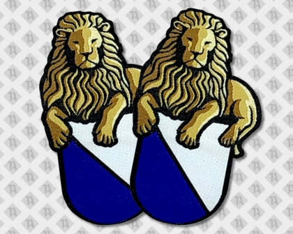 Gewebter Patch Aufnäher mit Laserschnitt Wappen mit Löwe in bla weiß braun Allgemein