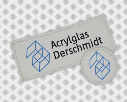 Eckiger Patch Aufnäher gewebt mit Kettelrand grau blau schwarz Acrylglas Firmen