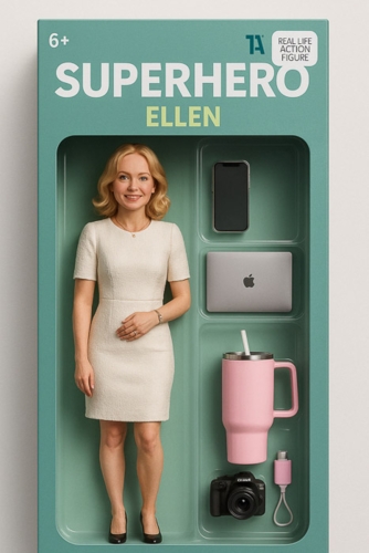 Ellen als Superheldin im Business-Look mit Smartphone, MacBook, Kamera, Becher und Adapter – ab 6+