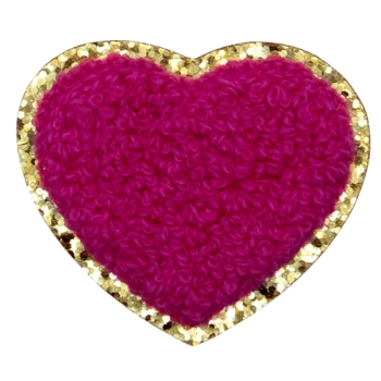 Aufnäher / Patch, Chenille, Herz, Goldglitzer-Untergrund, Klebefläche, Pink, 53x45 mm - Bild 1