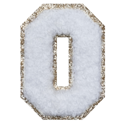 Aufnäher / Patch, Chenille, Zahl 0, heller Goldglitzer-Untergrund, Klebefläche, Weiß - Bild 1