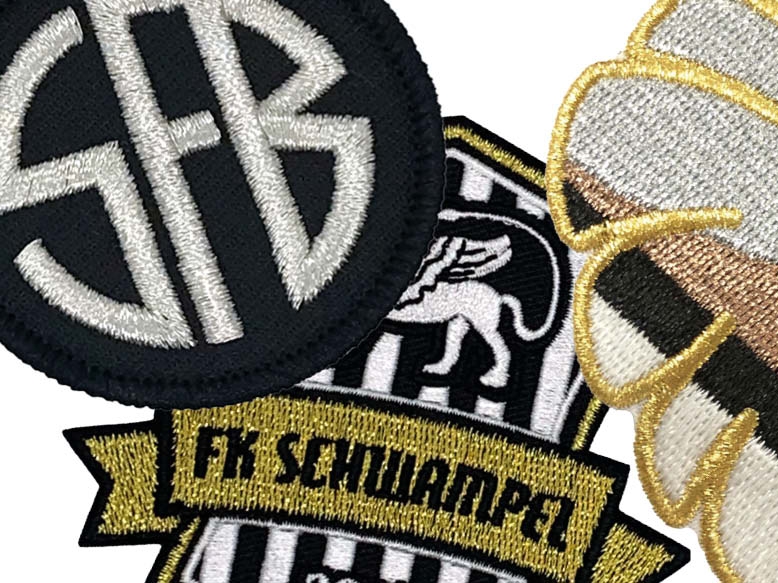 1A Patch Aufnäher in Wunschform mit Stickrand und Metallicgarn gold silber Bronze