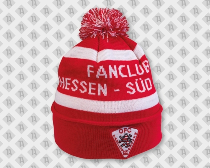 Rote Weintermütze mit Bommel und weißen Elementen/Schriftzug Fanclub Hessen Süd und gesticktem Aufnäher Motiv OFC