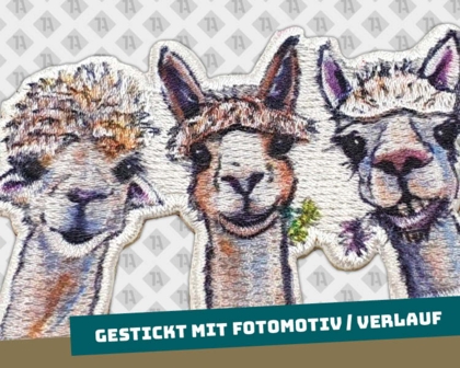 Aufnäher Patch Konturschnitt mit Fotomotiv / Verlauf bunt Lama Alpaka
