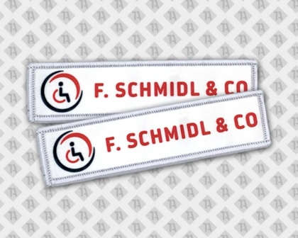 Patch Aufnäher gedruckt mit Kettelrand eckig Firmen weiß rot Rollstuhl