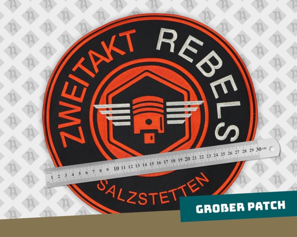 Runder Patch Aufnäher gestickt mit gesticktem Rand Zweitakt Rebels Salzdetten Biker