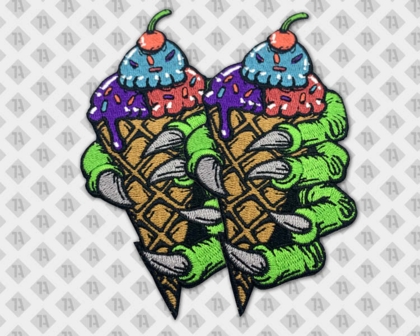 Konturgeschnittener Patch Aufnäher gestickt mit gesticktem Rand Musiker und Bands Eis Kirsche Kralle bunt
