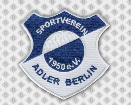 Patch Aufnäher Abzeichen Badge gestickt in Wappenform gestickter Rand Vereine blau weiß Berlin