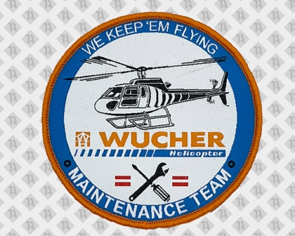 Gestickter runder Patch Wucher Helicopter Maintenance Team mit Hubschrauber – Aufnäher mit Kettelrand