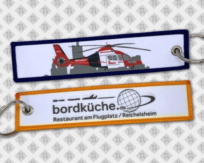 Schlüsselanhänger gedruckt eckig mit mit Ringöse und Kettelrand Flugplatz  Firmen