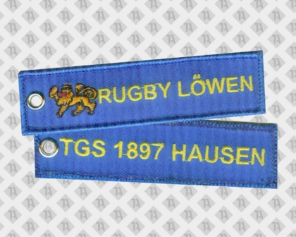 Schlüsselanhänger gestickt mit Kettelrand blau gelb Rugby Vereine