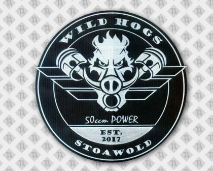 Gestickter Patch Aufnäher mit gesticktem Rand mit Schriften und Motiv Wildschwein weiß schwarz
