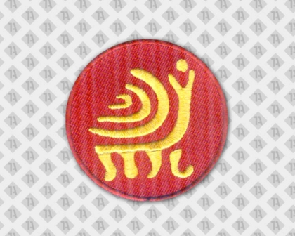 Patch Aufnäher gestickt rund mit gesticktem Rand rot gelb Firma