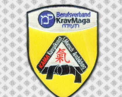 Aufnäher Patch in Wappenform gestickt mit gesticktem Rand Kravmaga gelb Kampfkunst