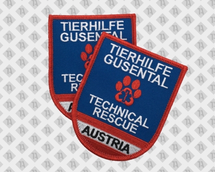 Konturgeschnittener Gestickter Patch mit Kettelrand Aufnäher Tierhilfe Gusental Austria Wappen Rettungsdienst