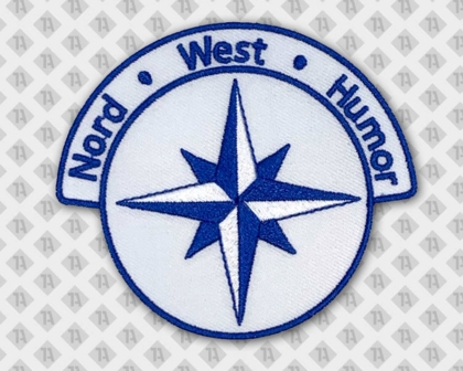 Konturgeschnittener Patch Aufnäher Abzeichen Badge gestickt mit gesticktem Rand weiß blau Vereine