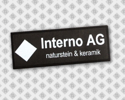 Patch Aufnäher gewebt mit Kettelrand rechteckig schwarz weiß Naturstein Keramik Firmen
