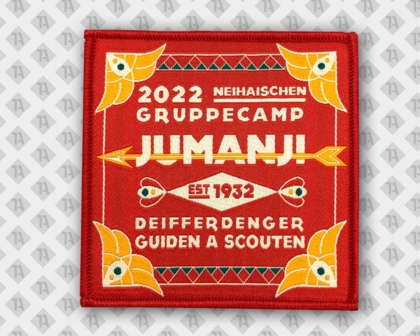 Eckiger Patch Aufnäher gewebt mit Kettelrand rot orange Jumanji Pfadfinder