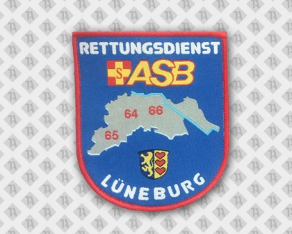 Gewebter Patch Aufnäher mit Kettelrand in Wappenform ASB Rettungsdienst Feuerwehr