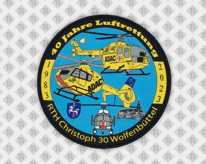 Gewebter Aufnäher ADAC Christoph 30 Luftrettung 40 Jahre Jubiläum mit Hubschrauber-Motiv