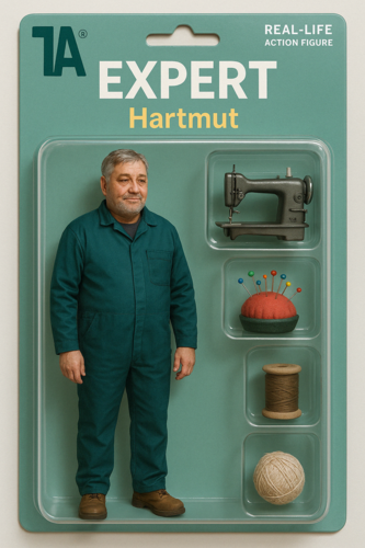1A Expert Hartmut als Actionfigur – humorvolle Verpackung mit Nähzubehör wie Nadelkissen, Garn und Nähmaschine