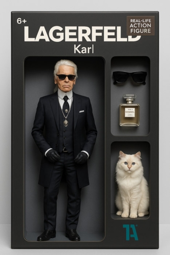 Karl Lagerfeld als Real-Life Actionfigur im Anzug mit Chanel-Parfum, Sonnenbrille und Katze Choupette – Sammleredition