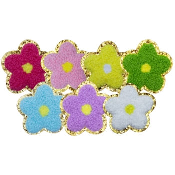 Aufnäher / Patch Set, Chenille, 7 Blumen, Goldglitzer-Untergrund, Klebefläche, 50x50 mm - Bild 1
