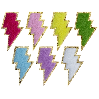 Aufnäher / Patch Set, Chenille, 7 Blitze, Goldglitzer-Untergrund, Klebefläche, 42x75 mm - Bild 1