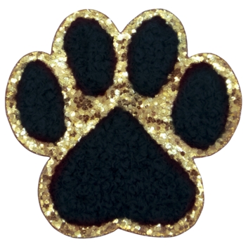 Aufnäher / Patch, Chenille, Pfoten, Goldglitzer-Untergrund, Klebefläche, Schwarz, 60x60 mm - Bild 1