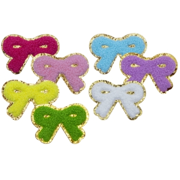 Aufnäher / Patch Set, Chenille, 7 Schleifen, Goldglitzer-Untergrund, Klebefläche, 70x50 mm - Bild 1