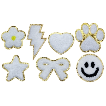 Aufnäher / Patch Set, 7 Stück, Chenille, Goldglitzer-Untergrund, Klebefläche, Weiß, 50x50 mm - Bild 1