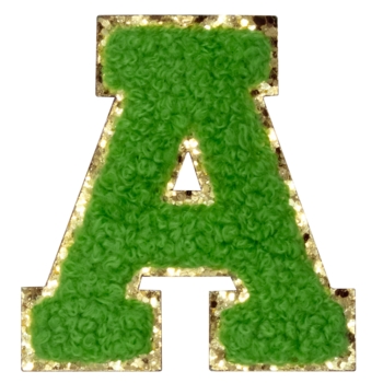 Aufnäher / Patch, Chenille, Buchstabe A, Goldglitzer-Untergrund, Klebefläche, Grün - Bild 1