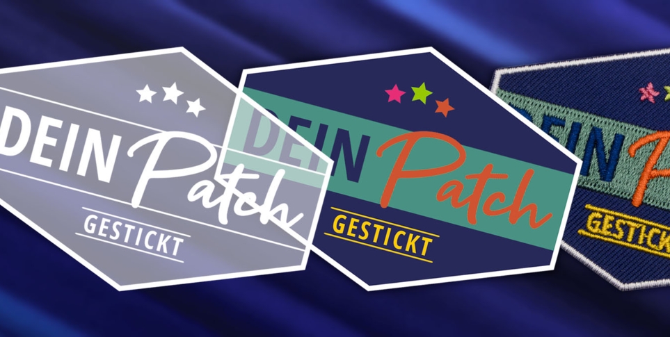 Darstellung von der Idee zum Produkt - drei Schritte: einfache Zeichnung, Feinzeichnung und fertiger Aufnäher