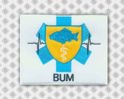 Aufnäher Patch gestickt mit gesticktem Rand Fisch blau gelb Feuerwehr