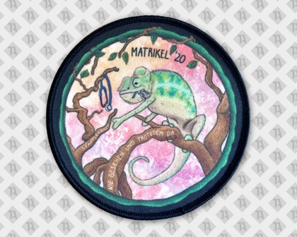 Runder Patch Aufnäher gedruckt mit Kettelrand Details und Farbverlauf Schule Uni Matrikel Chamäleon