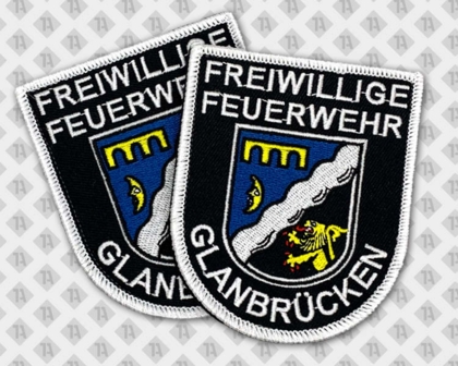 Gestickter Patch Aufnäher in Wappenform mit Kettelrand bunt Freiwillige Feuerwehr Glanbrücken