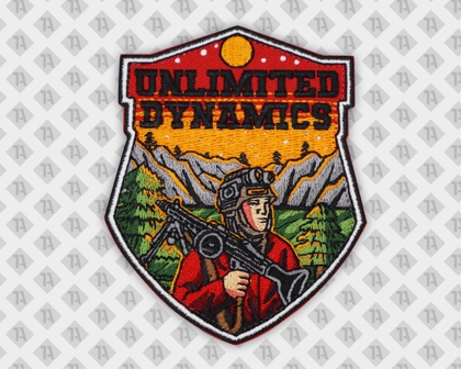 Konturgeschnittener Patch Aufnäher gestickt mit gesticktem Rand Unlimited Dynamics Gun Warrior Firmen
