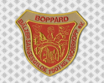 Konturgeschnittener Patch Aufnäher gestickt mit gesticktem Rand Musiker und Bands Boppard gold rot