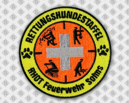 Runder gestickter Aufnäher Patch mit Stickrand Rettungshundestaffel Feuerwehr orange gelb Rettungsdienst