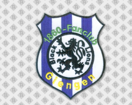 Gestickter Patch Aufnäher Badge mit Stickrand blau weiß schwarz Löwe Fanclub Vereine