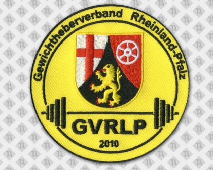 Gestickter runder Aufnäher Patch Abzeichen badge mit gesticktem Rand schwarz gelb Gewichtheben Vereine
