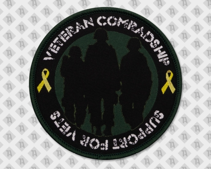 Runder Aufnäher mit drei Soldaten-Silhouetten und gelben Schleifen, Text „Veteran Comradeship – Support for Vets“, Symbol für Veteranenunterstützung