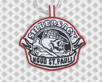 Gestickter Schlüsselanhänger Kettelrand Konturschnitt weiß schwarz rot mit Lasche und Ring St. Pauli Firmen