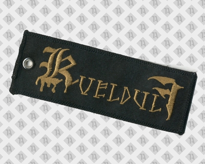 Schwarzer Band-Aufnäher mit goldener Kveldulf-Stickerei – rechteckiger Patch mit Öse und Gothic-Schrift