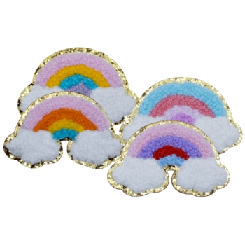 Aufnäher / Patch Set, Chenille, Regenbogen, Goldglitzer-Untergrund, Klebefläche, 70x45 mm - Bild 1